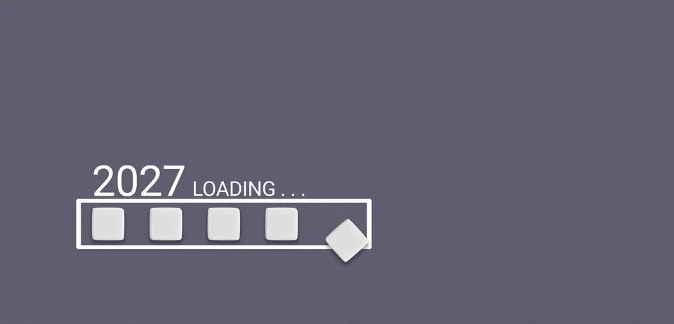 2027 loading bar with cubes on Purple fabric texture background for new yea.. Stock Illustration