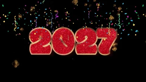 2027 New Year celebration with red glitter numbers and falling confetti on Vídeo Stock 346372428
