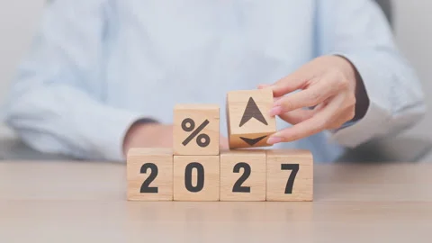 2027 New year with change to UP and Down arrow. Interest rate, GDP, stocks .. Stock Footage 341660959