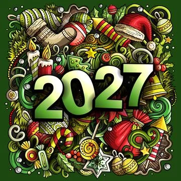 2027 New Year Doodle Composition with Christmas Decorations Stock Illustration
