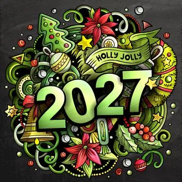 2027 New Year Doodle Typography with Christmas Decorations on Chalkboard Illustration