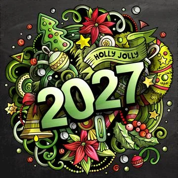 2027 New Year Doodle Typography with Christmas Decorations on Chalkboard Illustration