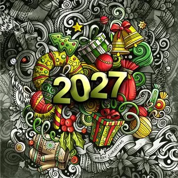 2027 New Year Doodle Typography on Dark Grunge Background Stock Illustration