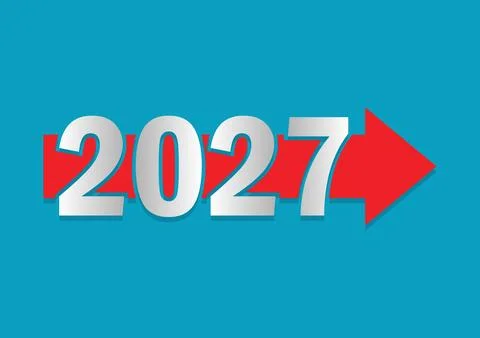 2027 New Year Text with Red Forward Arrow on Blue Background Illustrazione stock