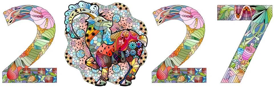 2027 number design with a goat pattern. Cute vector Illustration for decorati Stock Illustration