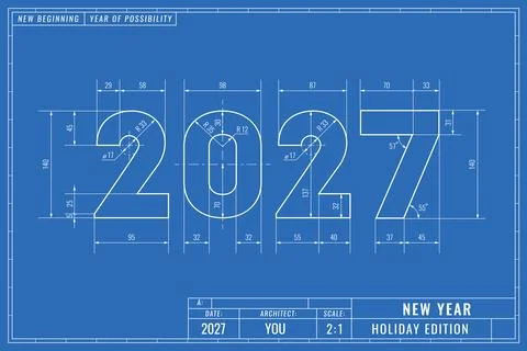 2027 numbers are drawn as technical blueprint with measurements, angles and c Иллюстрация