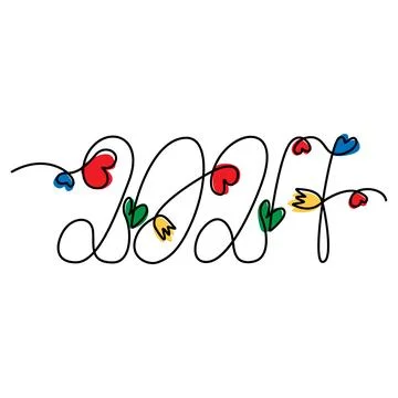 2027 One continuous line Hand drawn lettering with decorative hearts, flowers Stock Illustration