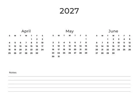 2027 Second Quarter Quarterly Calendar Printable Template April May June Stock Illustration