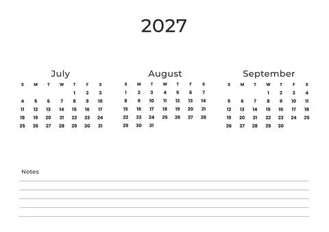 2027 Third Quarter Quarterly Calendar Printable Template July August September Stock Illustration
