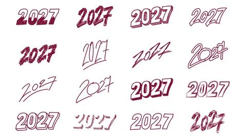 2027 typography vector set with hand drawn numbers, calligraphy, and 3D text Stock Illustration