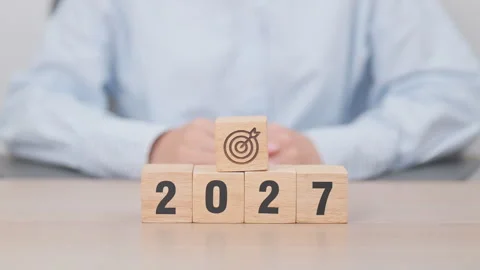2027 year block with dartboard icon. Goal, Target, Resolution, strategy, pl.. Stock Footage 346114245