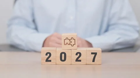 2027 year block with jigsaw puzzle icon. Business Process, Team, teamwork, .. Stock Footage 346114278
