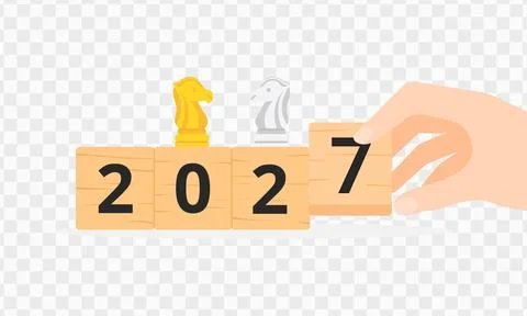 2027 year concept design with hand placing wooden block and chess knight pi.. Stock Illustration