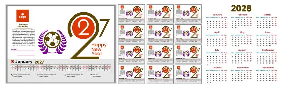 2027 year English vector calendar template design. Desk calendar template Stock Illustration