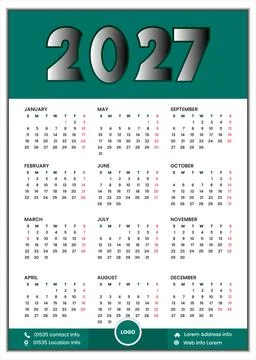2027 Year English Vector Editable Font Calendar Template Design 库存插图