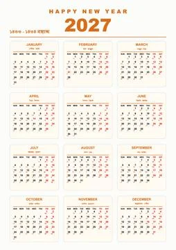 2027 yearly wall calendar featuring english and bengali dates for banglades.. Stock Illustration