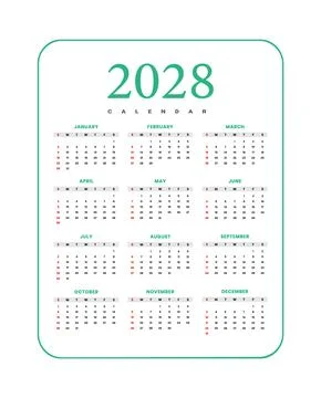 2028 Full Year Calendar Teal Frame Red Accent Stock Illustration