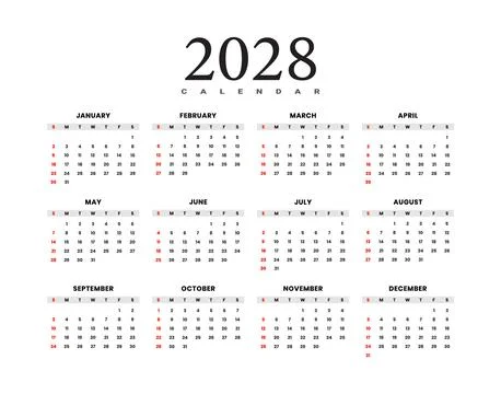 2028 Full Year Wall Calendar Grid Stock Illustration