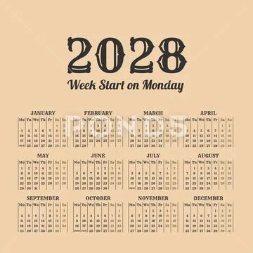 2028 year vintage calendar. Weeks start on monday: Graphic #96560689