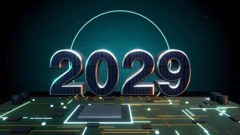 2029 3D Text with an Atomic Orbit on a Circuit Board Stock Illustration