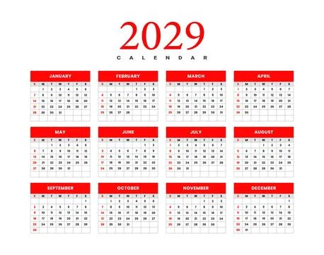 2029 Calendar Grid Layout Red Serif Title Stock Illustration