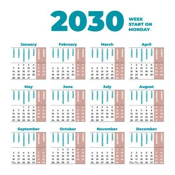 2030 Calendar template with weeks start on Monday Stock Illustration