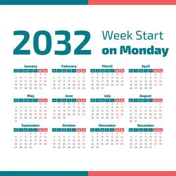 2032 Calendar with the weeks start on Monday Stock Illustration