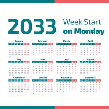 2033 Calendar with the weeks start on Monday Stock Illustration