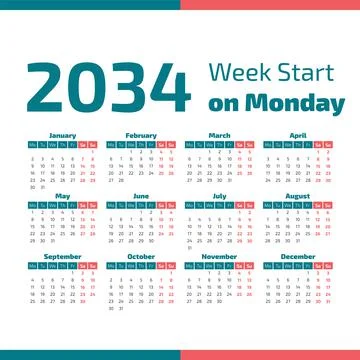 2034 Calendar with the weeks start on Monday Stock Illustration