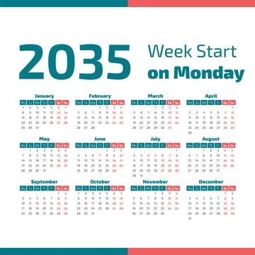 2035 Calendar with the weeks start on Monday Stock Illustration