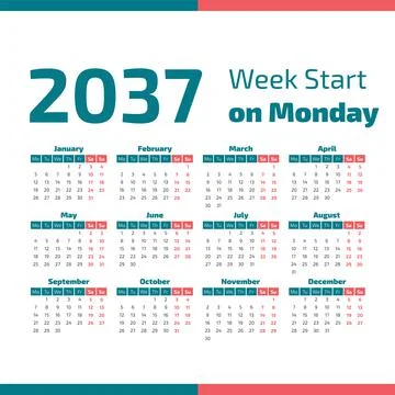 2037 Calendar with the weeks start on Monday Stock Illustration