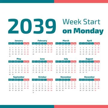 2039 Calendar with the weeks start on Monday Stock Illustration