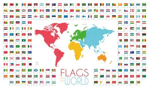 204 world flags with world map by continents vector illustration 스톡 일러스트