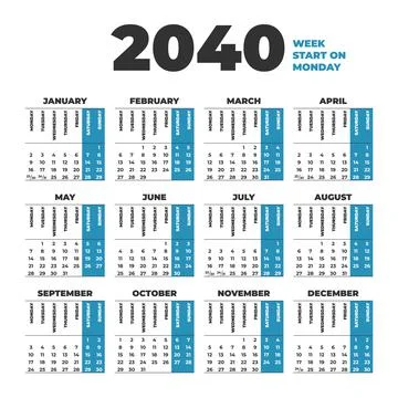 2040 Calendar template with weeks start on Monday Stock Illustration