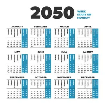 2050 Calendar template with weeks start on Monday Stock Illustration