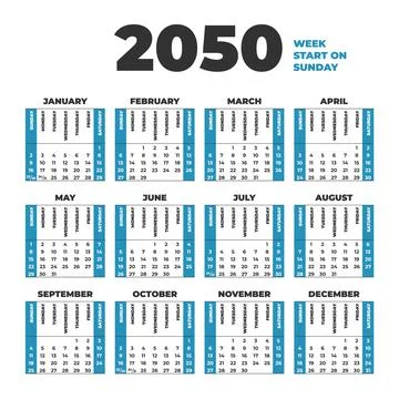 2050 Calendar template with weeks start on Sunday Stock Illustration