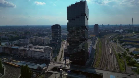 20.7.25 Berlin Ger, Amazon head office Tower. Unique aerial view flight drone Stock Footage 314110922