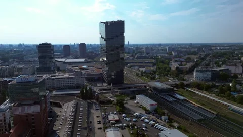 20.7.25 Berlin Ger, Amazon head office Tower. Stunning aerial view flight drone Stock Footage 314110973