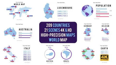 209 Countries Map Infographics Pack After Effects stock