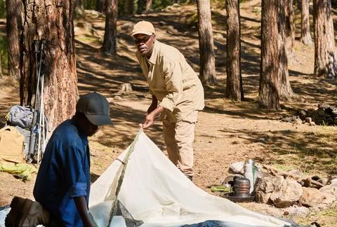 Senior African American man and his grandson putting tent in the forest among pinetrees on sunny summer weekend during hike trip xkwx trip, hiker, backpacker, travel, tourism, leisure, tent, forest, connection, countryside, camp, weekend, nature, family, help, grandson, grandfather, grandparent, grandchild, together, outdoor, country, boy, kid, childhood, youthful, youngster, schoolboy, man, mature, senior, generation, black man, African American, adult