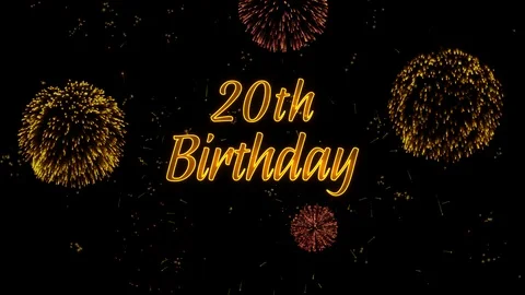20th Birthday Greeting text with particles, colored fireworks, sparks and stars Stock Footage 99060043