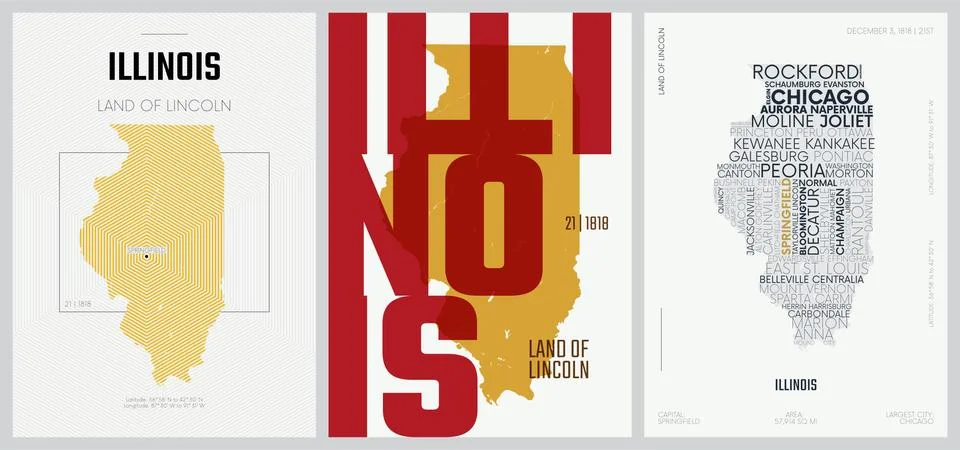 21 of 50 sets, US State Posters with name and Information in 3 Design Styles, Stock Illustration