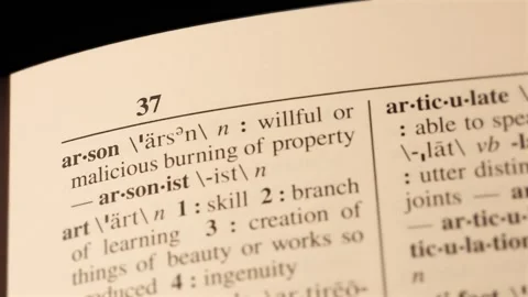 21 arson word definition page text letters on dictionary Vídeos de archivo 267316656