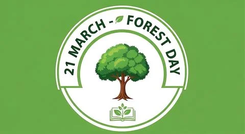 21 March forest day emblem with tree and book icon, encircled by text on a .. Stock Illustration