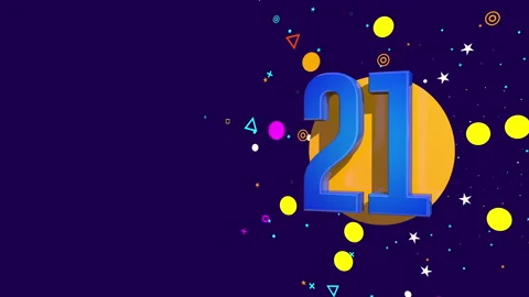 21 number on an orange circle spewing stars, circles, triangles against dark pur Stock Footage 241838658