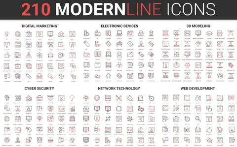 210 modern red black thin line icons set of cyber security, network technology Stock-Illustration