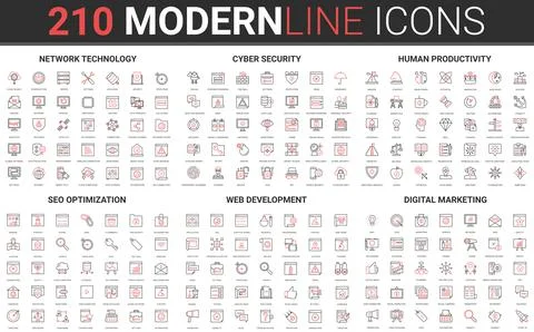 210 modern red black thin line icons set of digital marketing, human Illustrazione stock