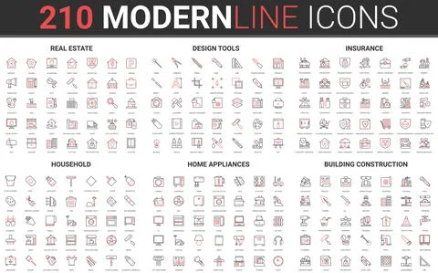 210 modern red black thin line icons set of household, home appliances, building Ilustración de archivo