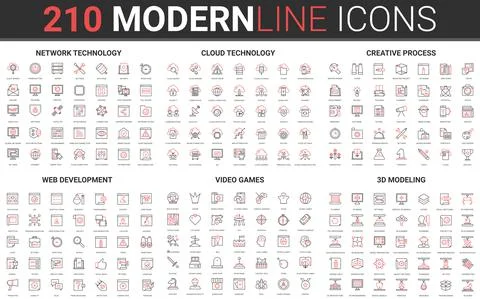 210 modern red black thin line icons set of web development, video games, 3d Illustrazione stock