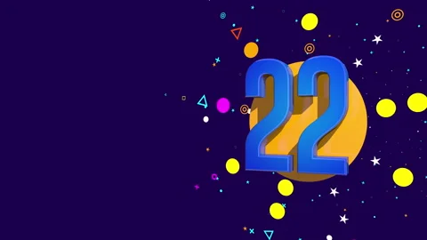 22 number on an orange circle spewing stars, circles, triangles against dark pur Stock Footage 241838674